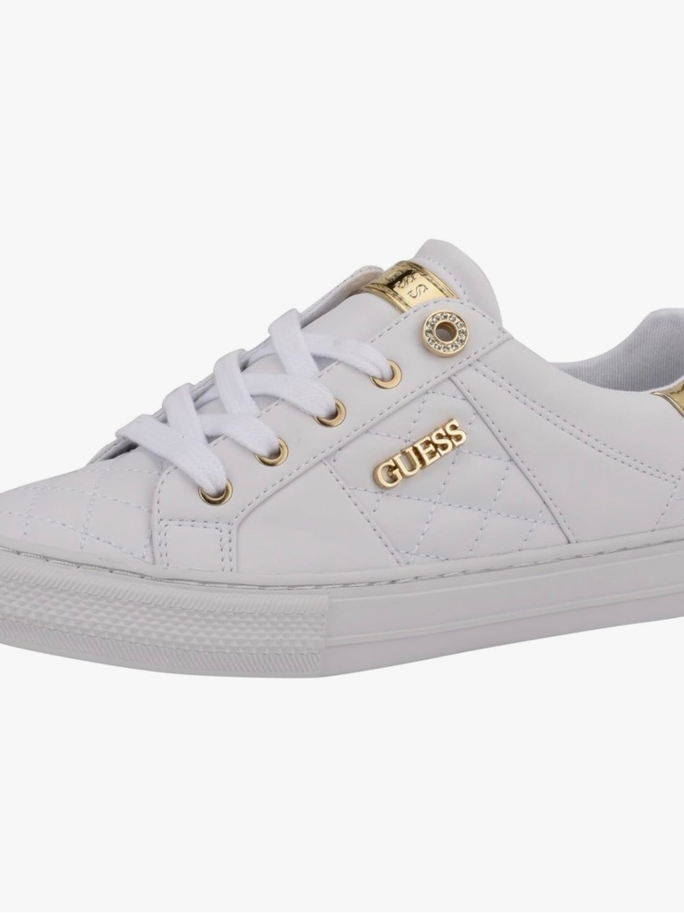 Guess White Quilted Low-Top Sneakers with Gold Accents
